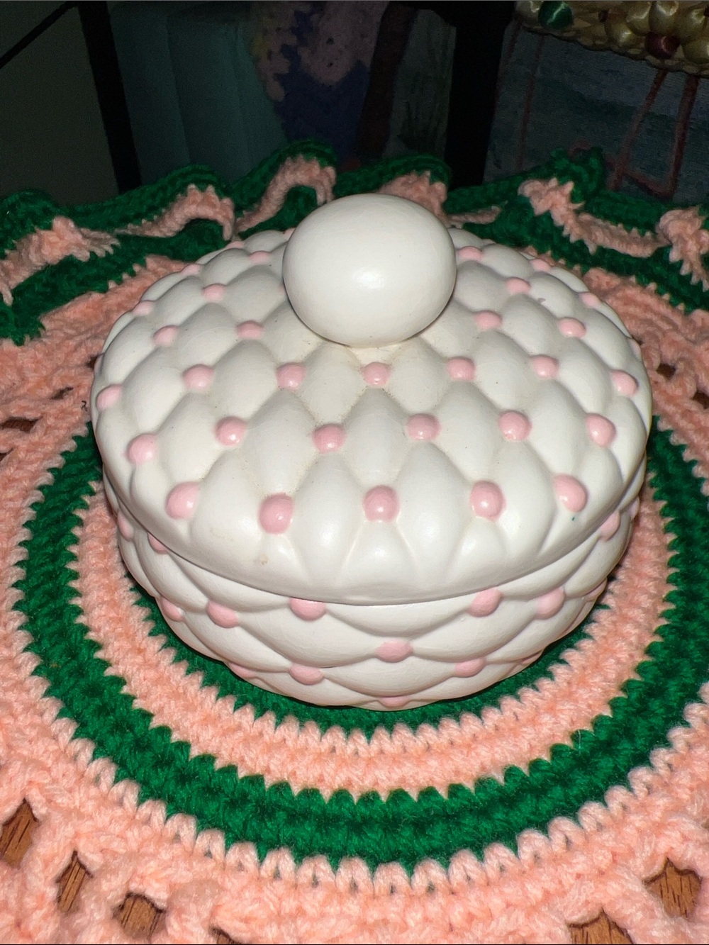 Vintage White Ceramic quilted Lidded Jar with Pink Dot Accents